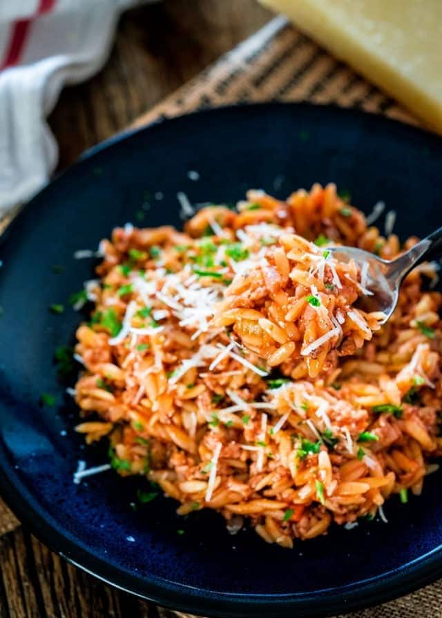Pork ragu with orzo with ground pork, tomato sauce, veggies and spices served on a blue plate. 