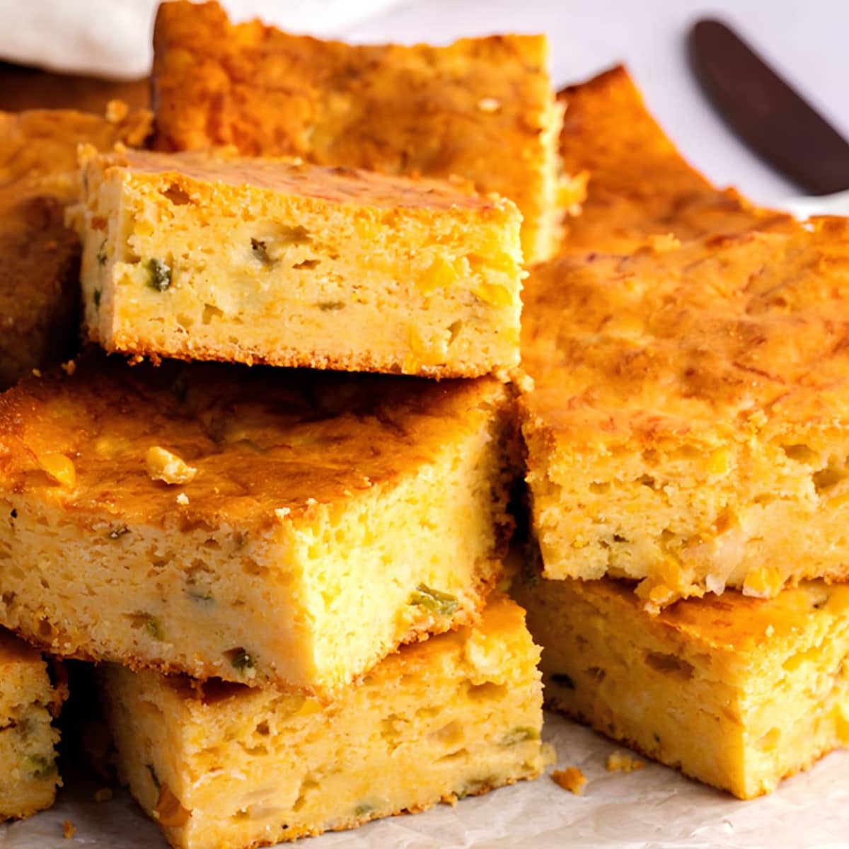 Stack of sliced Mexican cornbread. 