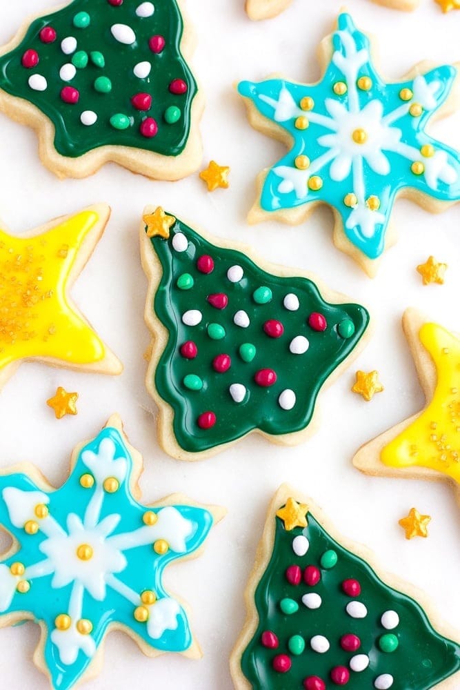Christmas sugar cookies decorated with stars and snowflakes.