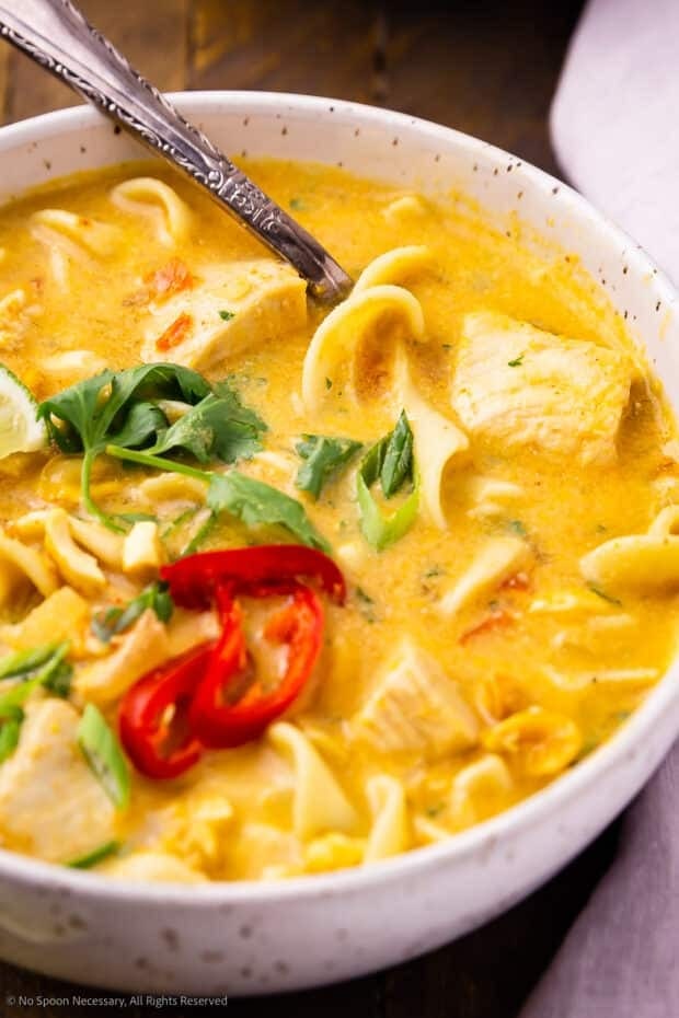 Thai chicken noodle soup in a bowl
