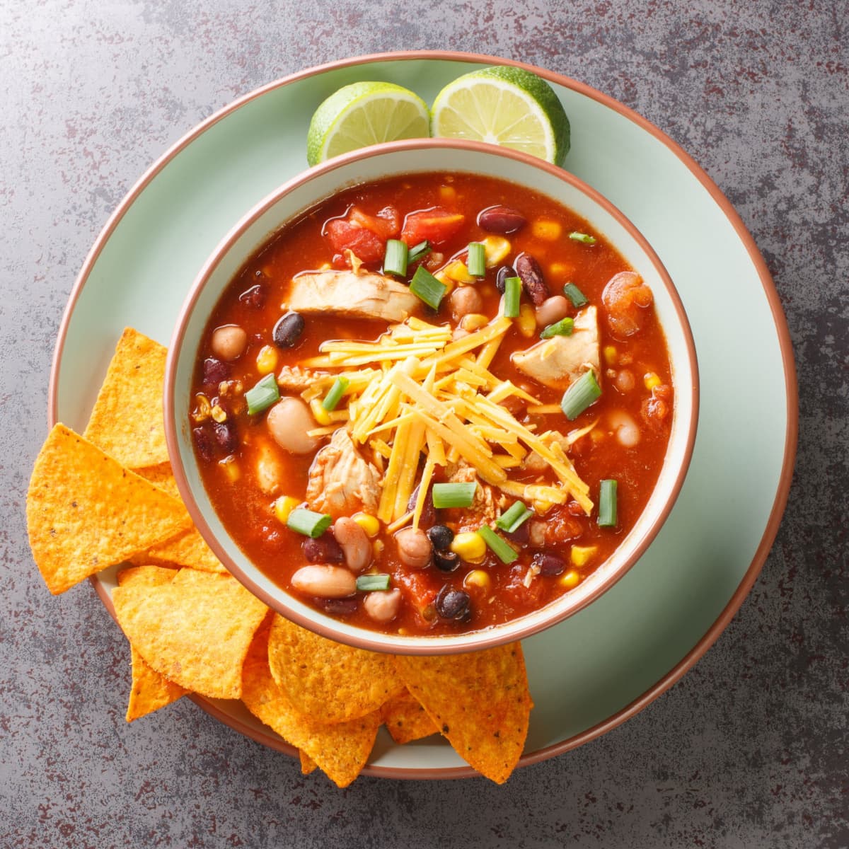 Top view bowl of Chick-fil-A Chicken Tortilla Soup. 