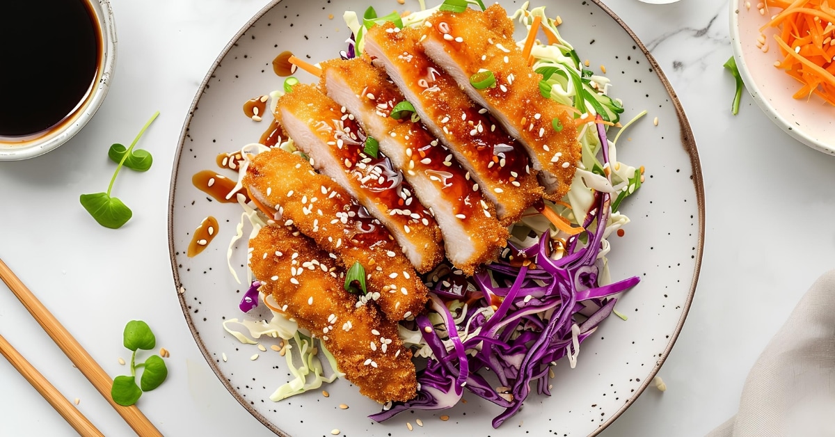 Homemade chicken katsu served with healthy and colorful cabbage