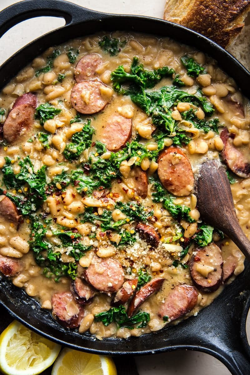 A hearty bowl of kale and sausage bean stew