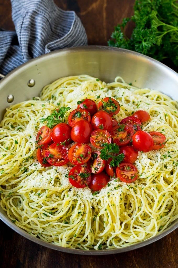 Homemade Angel Hair Pasta with Garlic, Herbs and Tomatoes
