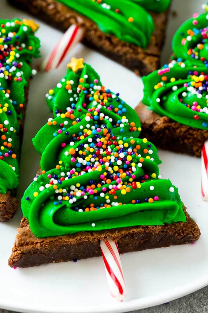 Scrumptious brownies arranged in the shape of Christmas trees