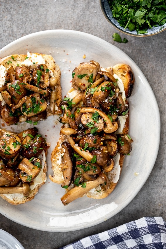 Toasted sourdough bread topped with mushroom and cream cheese. 