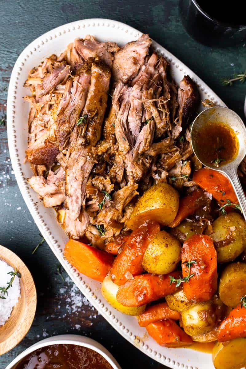 Instant Pot Pork Roast with Carrots, Potatoes, Gravy and Herbs