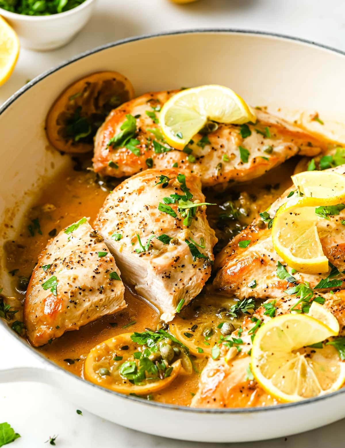 Chicken with lemon slices and creamy sauce garnished with cilantro and spices. 