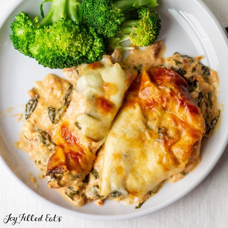 Cheesy Tuscan Chicken Casserole Served with Broccoli