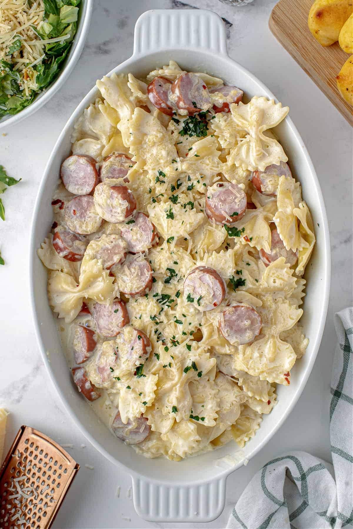 Mouth-watering pasta casserole featuring sausage and gooey cheese