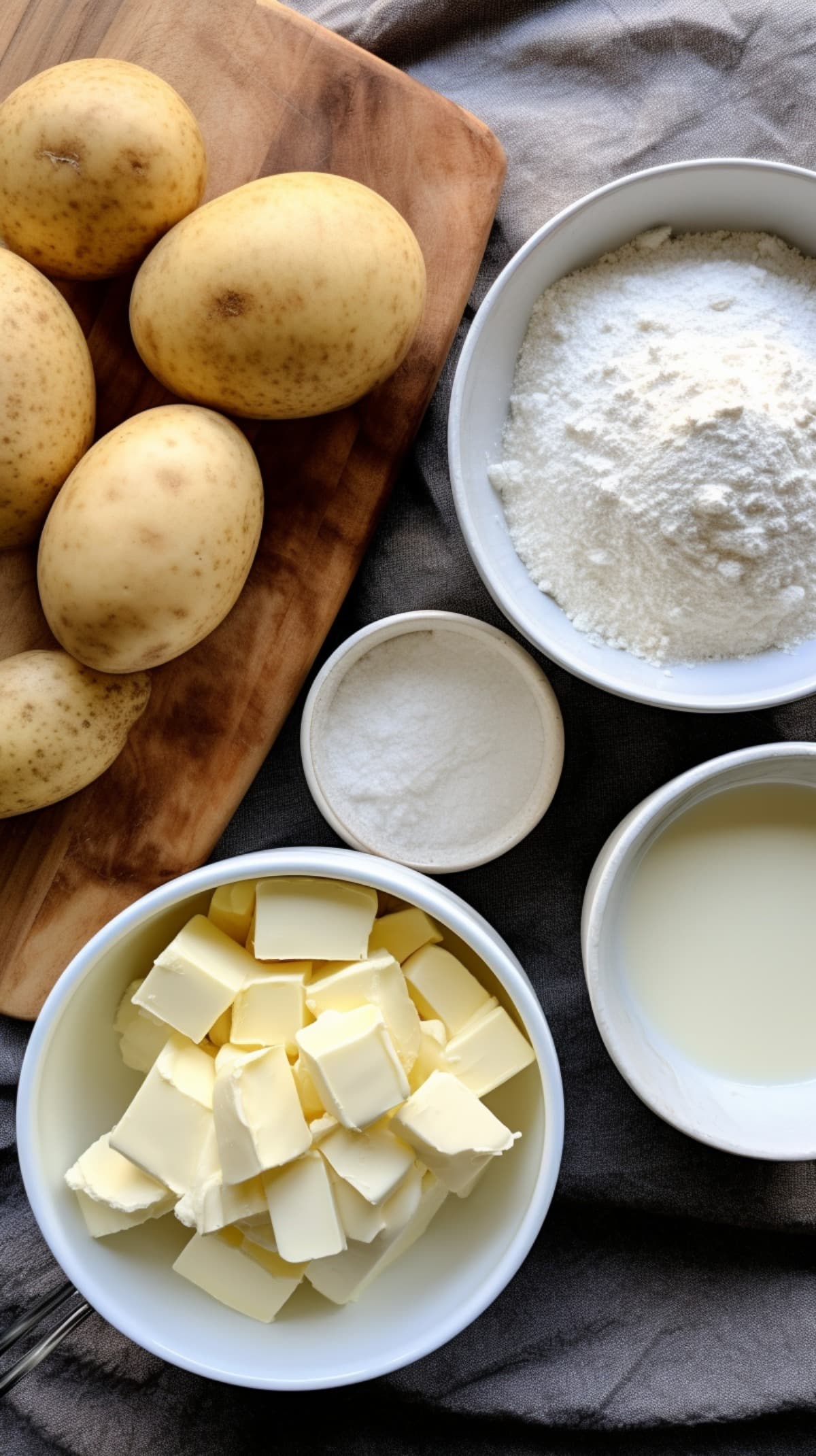 Ingredients for scalloped potatoes: Yukon Gold potatoes, flour, butter, salt, milk 