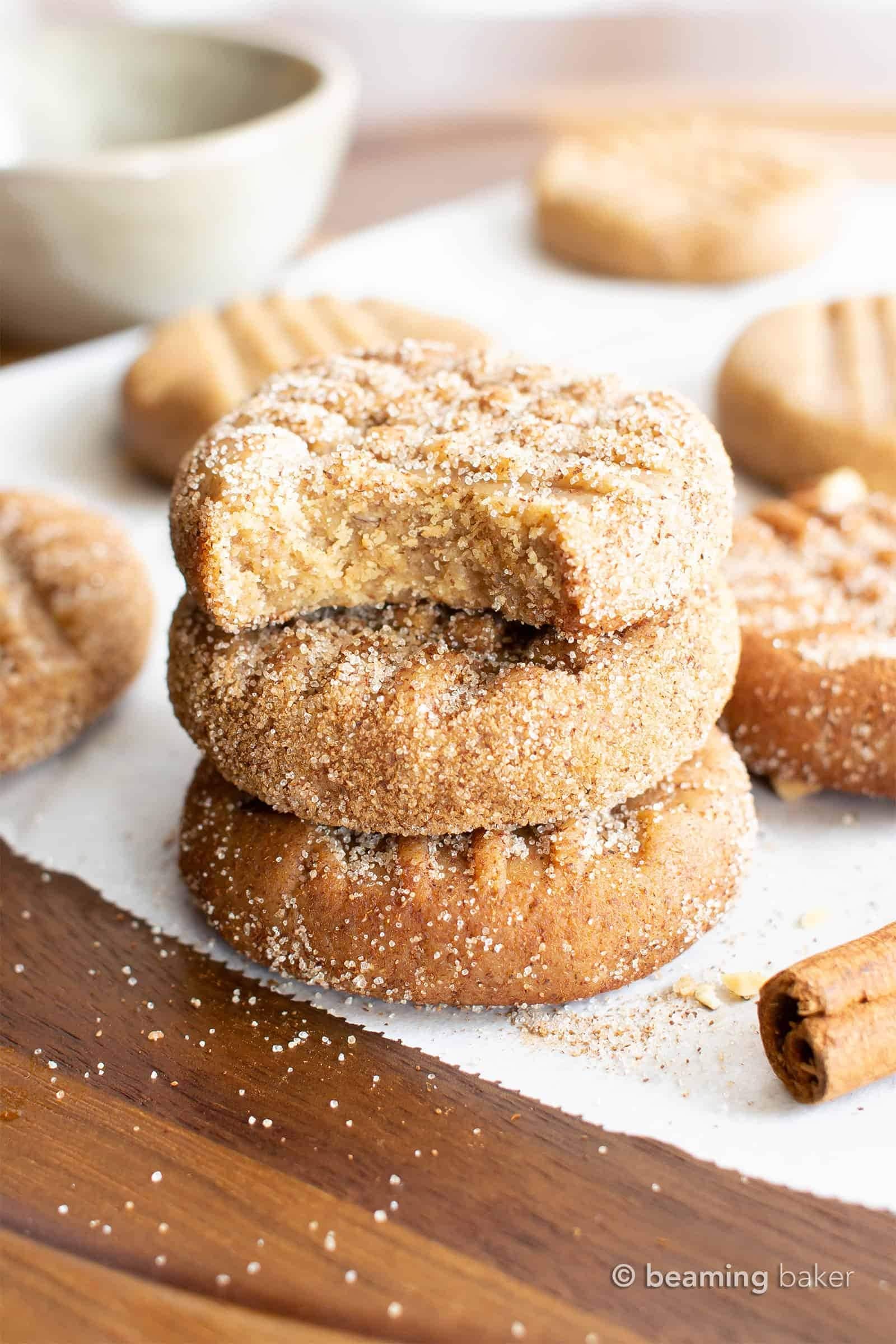 Pile of Snickerdoodle cookies coated with sugar and cinnamon powder. 
