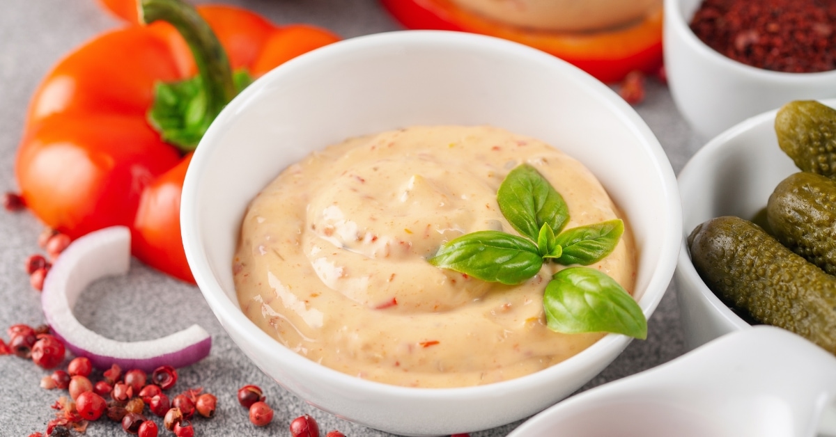 A Bowl of Homemade Thousand Island Dressing with Basil