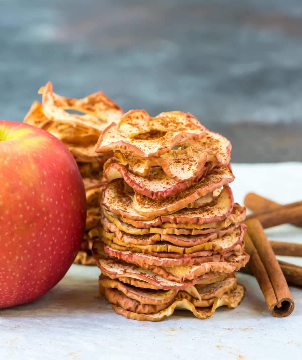 Stack of dried apple chips sprinkled with cinnamon powder. 