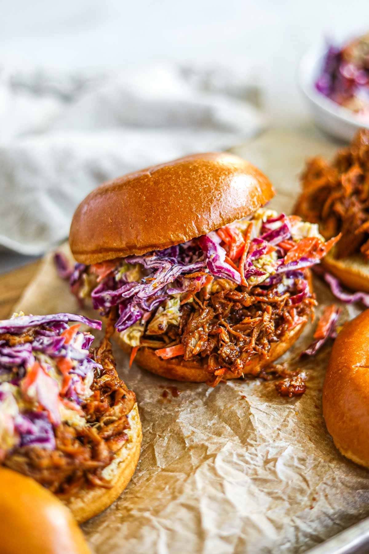 Buns with coleslaw and shredded chicken meat filling.