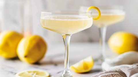 Two Bee's Knees Cocktails with Lemon Peel Twists on a White Marble Table with Fresh Lemons and a Kitchen Towel