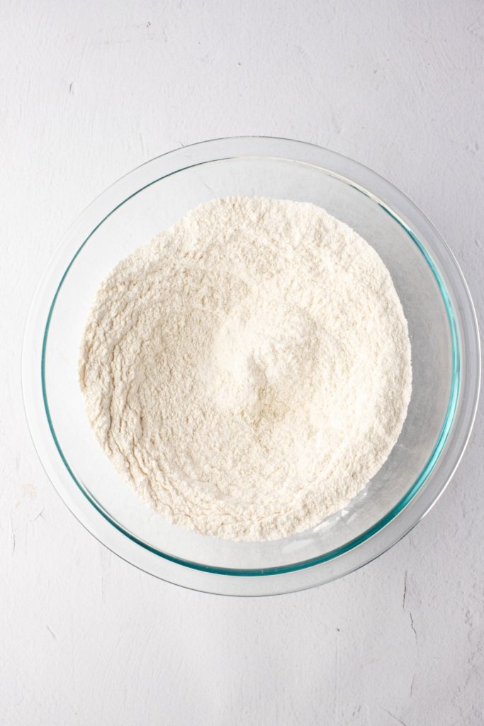 Dry ingredients whisked together - flour, sugar, baking powder, and salt