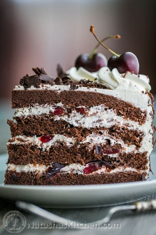 A slice of chocolate cake with cherries and cream filling and toppings.
