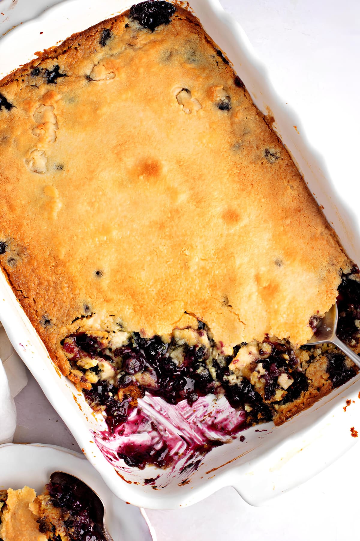 Blueberry Dump Cake in a Casserole Top View