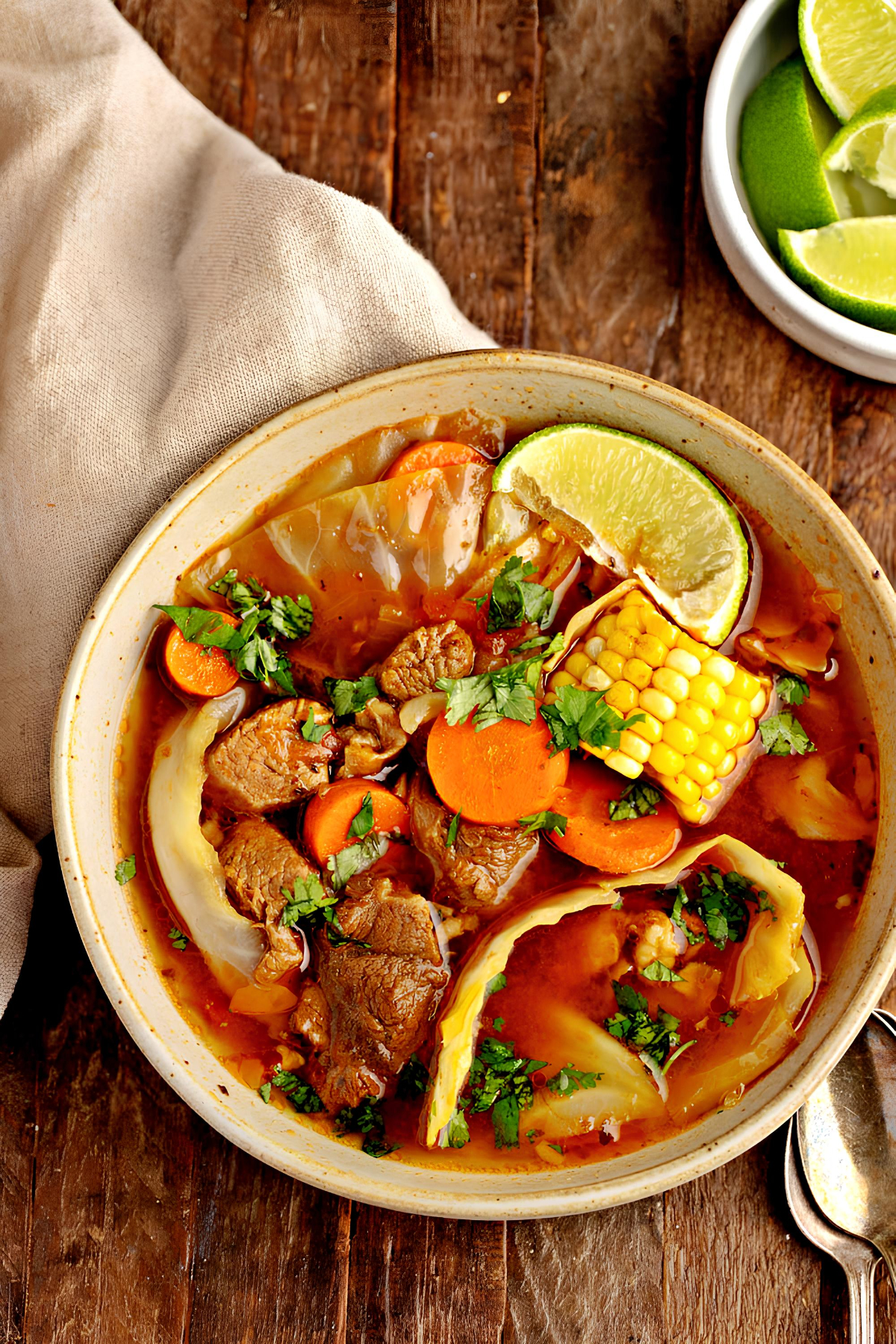 Bowl of Warm Caldo de Res with Bone-in Beef Shank, Vegetable Oil, Salt and Black Pepper, Beef Broth and Garnishes
