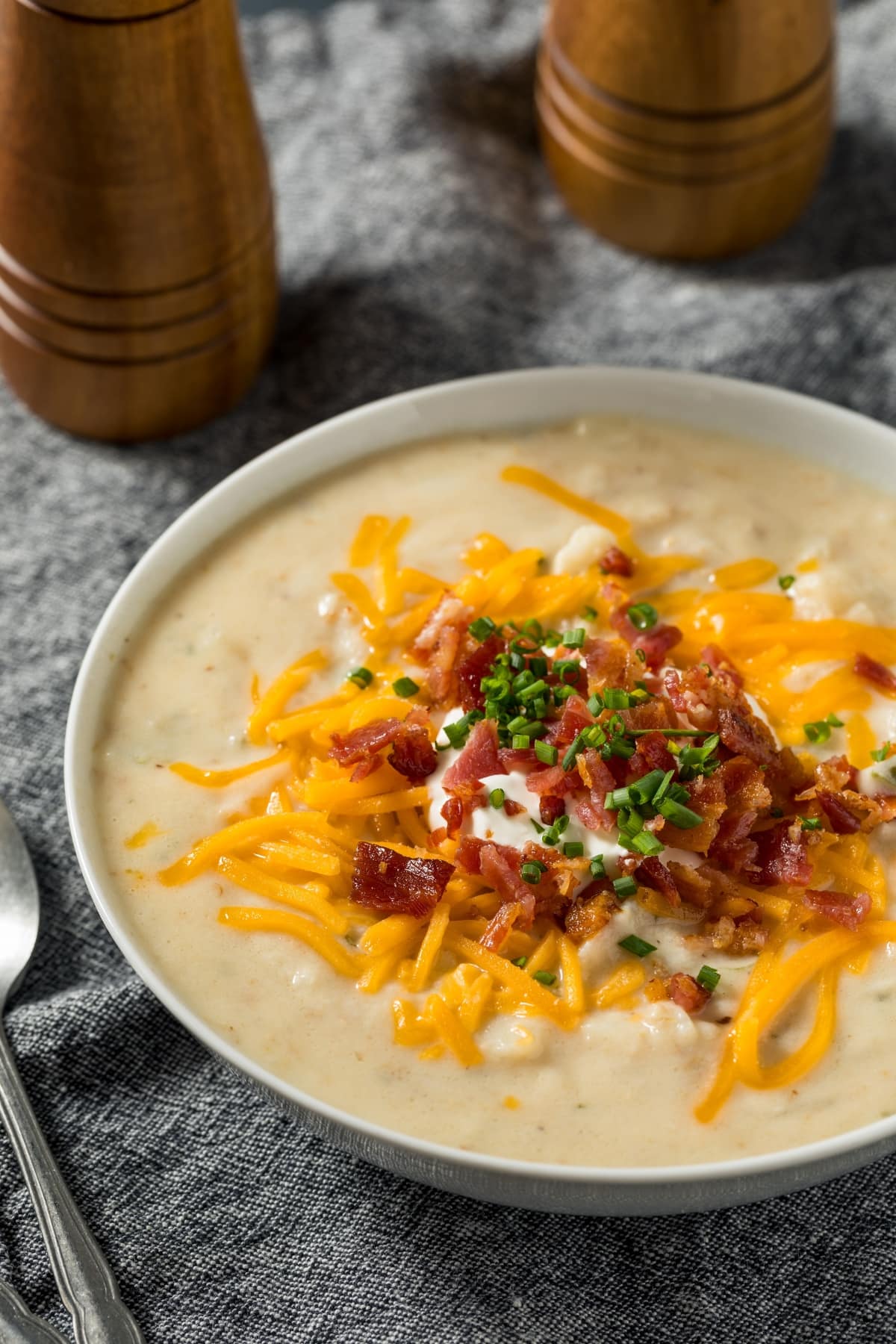 Homemade Creamy Potato Soup with Bacon, Green Onions and Cheese