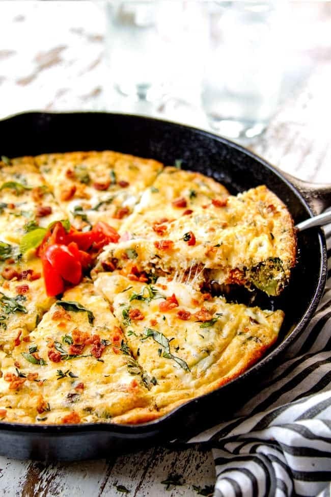 Frittata cooked in a cast iron skillet. 