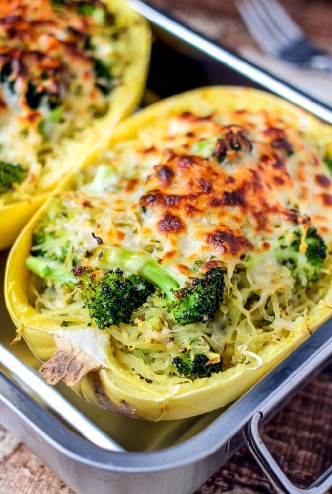 Squash stuffed with shredded squash meat, broccoli, and cheese.