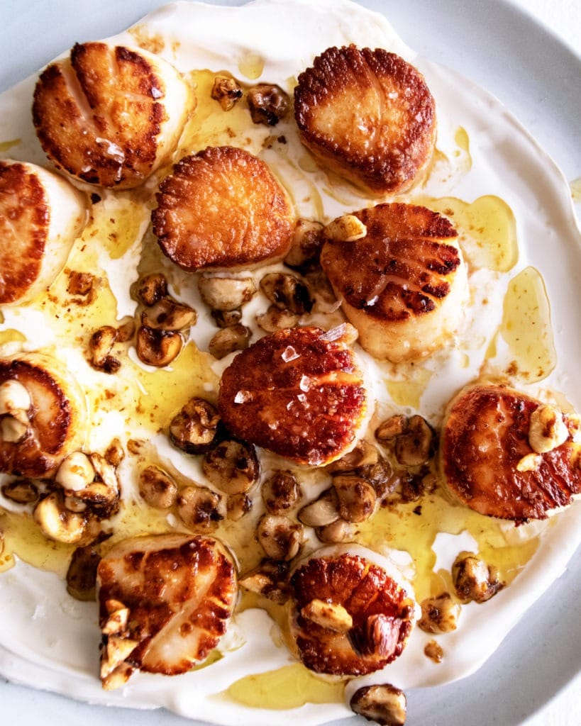 Seared scallops with hazelnut butter and mascarpone with a creamy sauce served on a white plate. 
