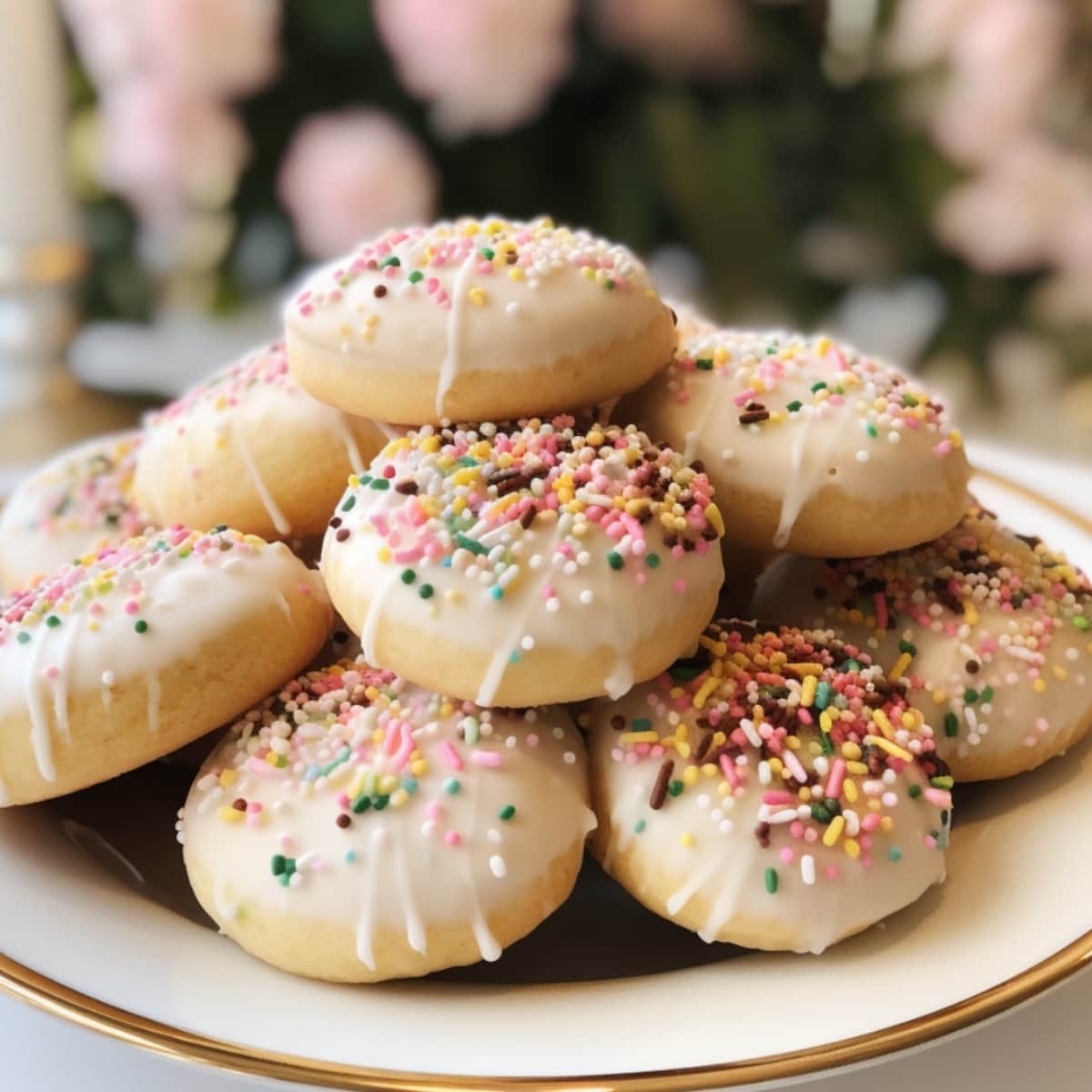 Bunch of Anginetti cookies with sugar glaze and sprinkles on plate.