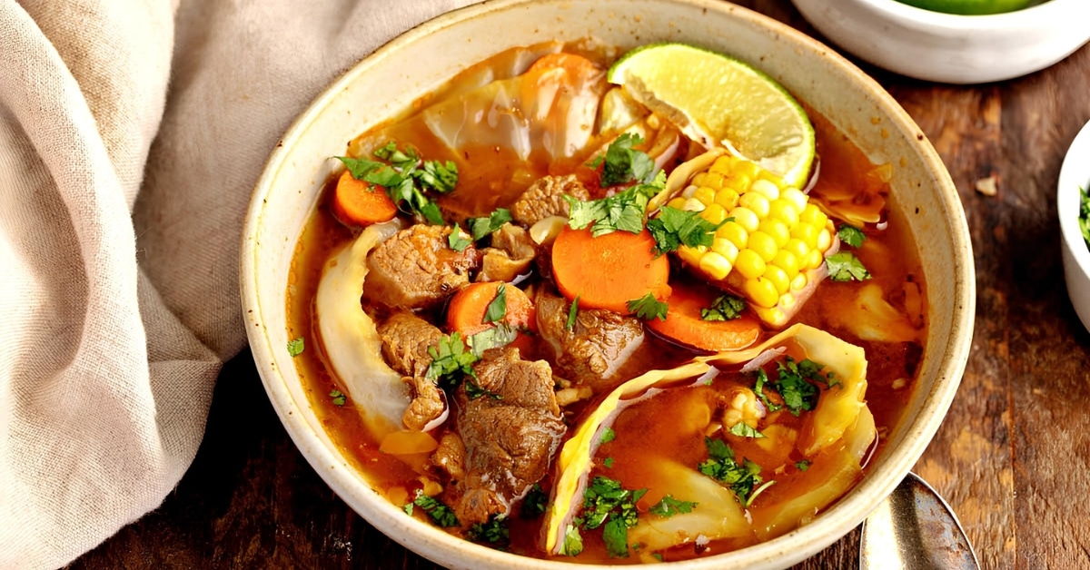 Savory homemade caldo de res in a bowl or mexican beef soup