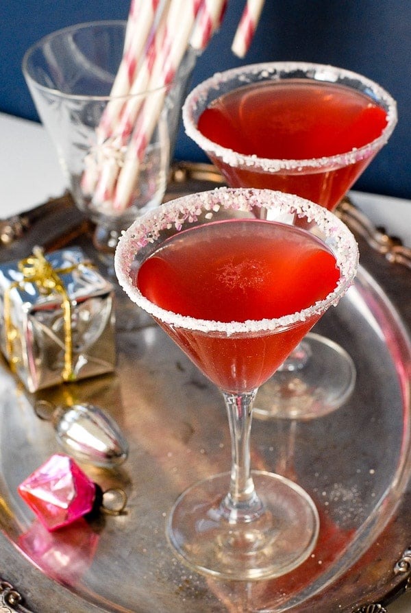 Red cocktail served in salt rimmed glasses. 