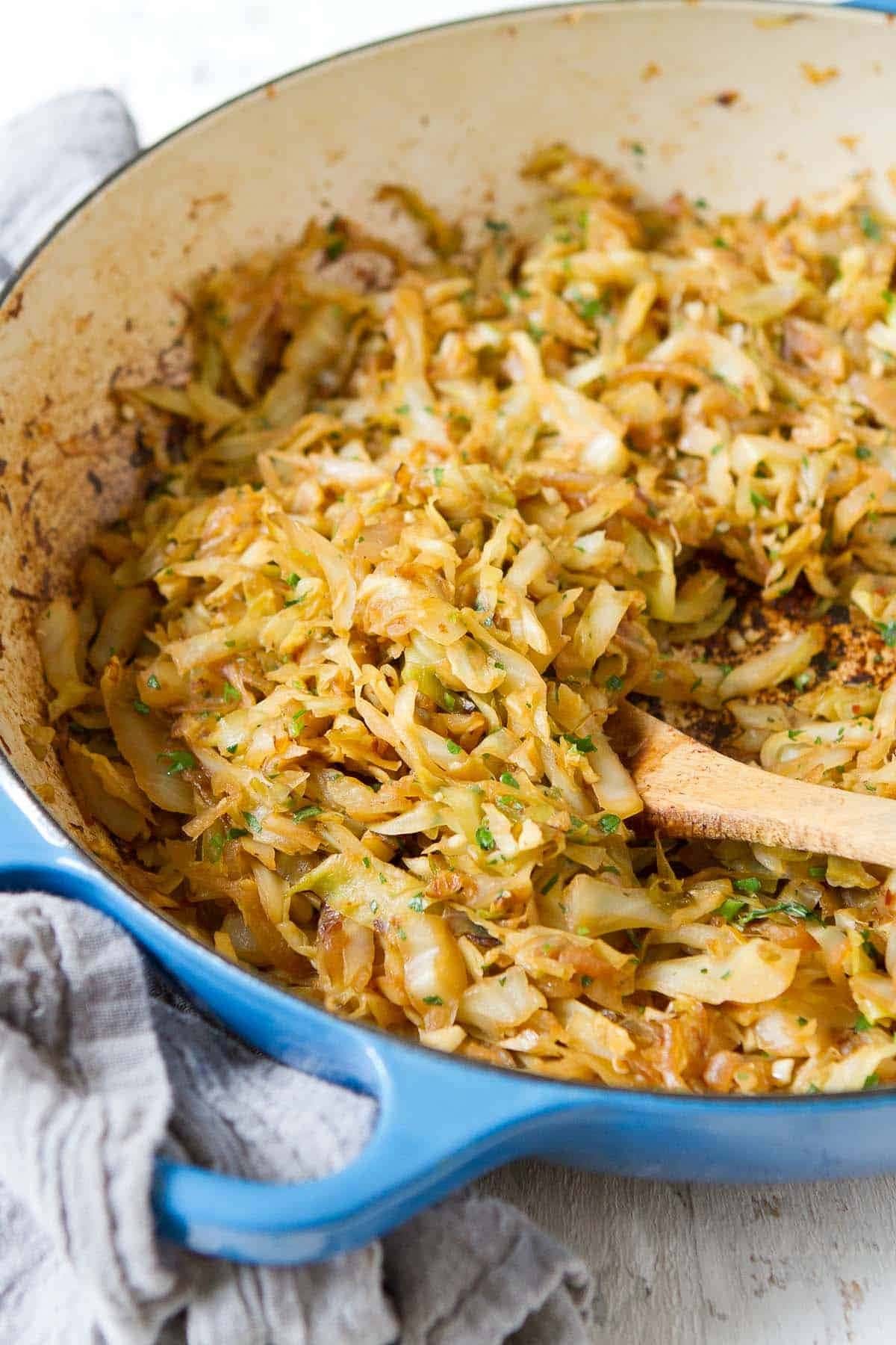 Sauteed cabbage on a pan. 