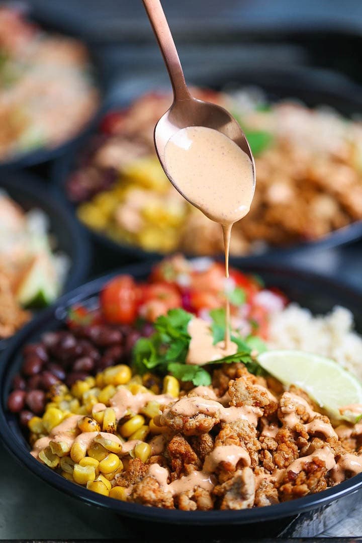 Chicken burrito filling served in a bowl. 