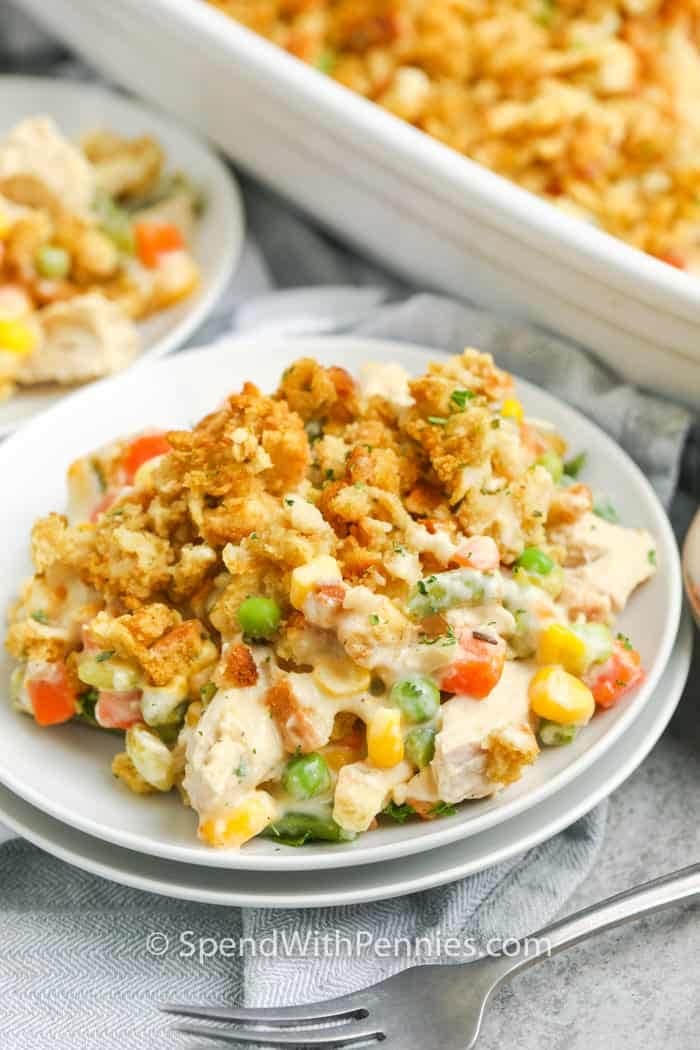Chicken stuffing casserole with veggies, sauce and chunks of chicken.