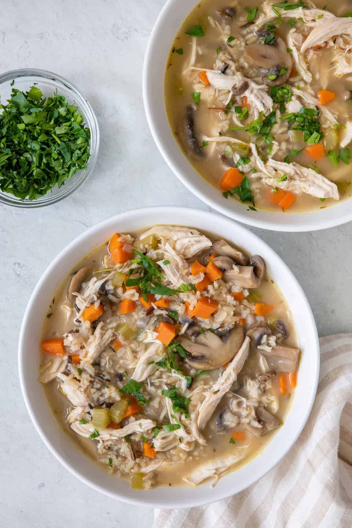 Chicken wild rice soup with white beans, carrots, mushrooms, and herbs in a bowl- top view