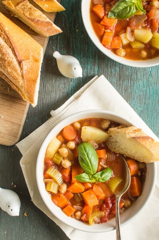 Bowls of Chickpea Minestrone with French bread