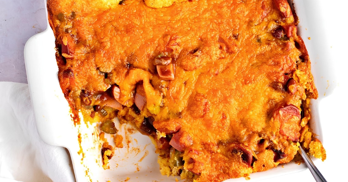 Casserole with chili, cheese dogs and flaky crust.