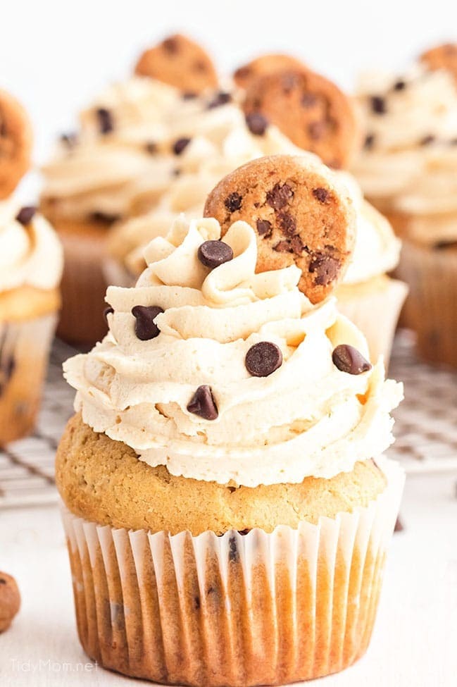 Cupcakes with butter cream frosting garnished with chocolate chips and piece of cookie. 