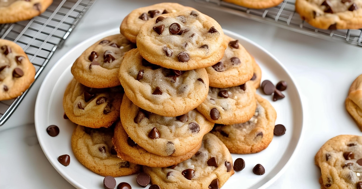 Stack of Chocolate Chip Cookies on a White Plate