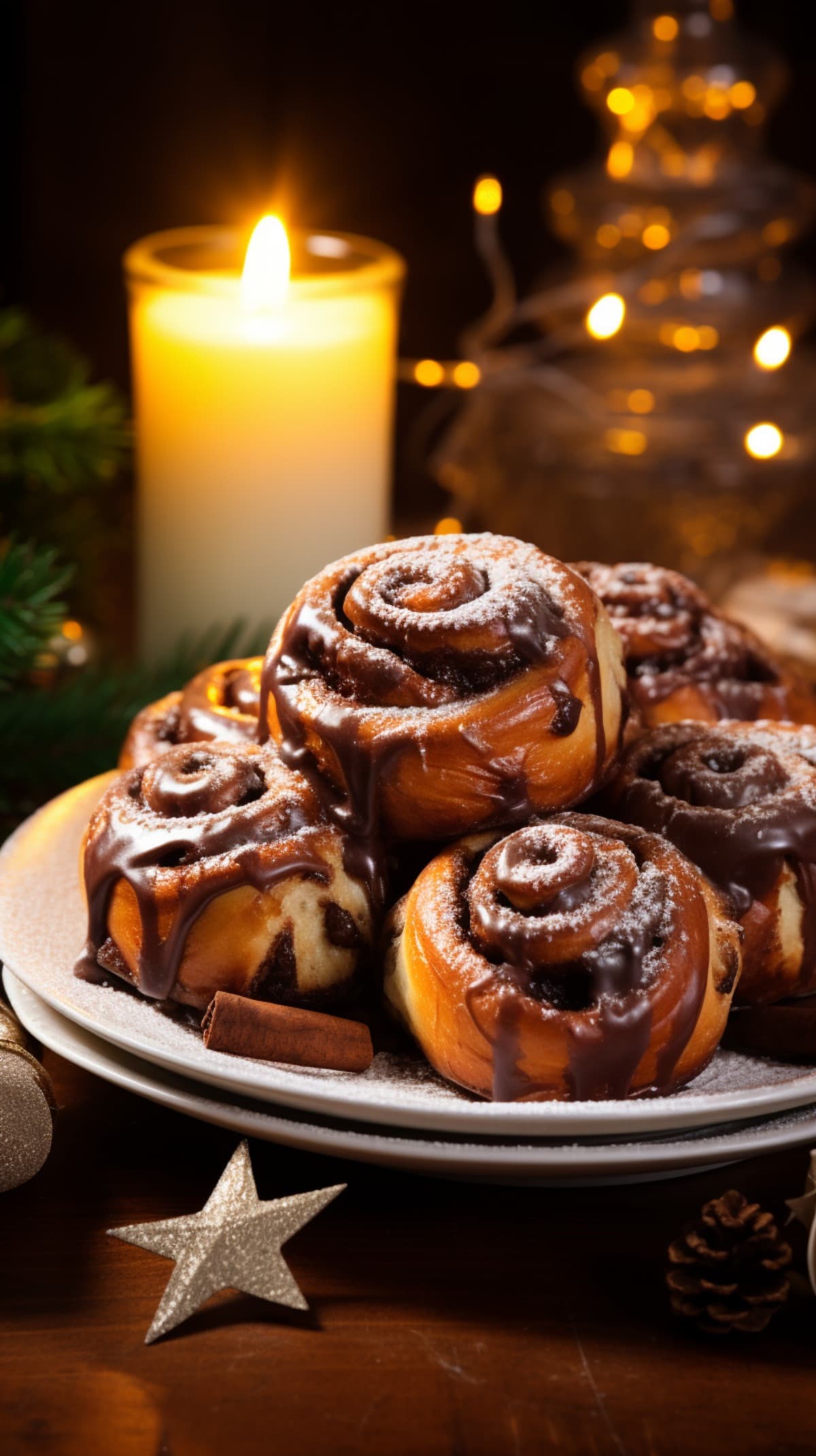 Bunch cinnamon rolls on plate drizzled with chocolate syrup served on holiday table.  