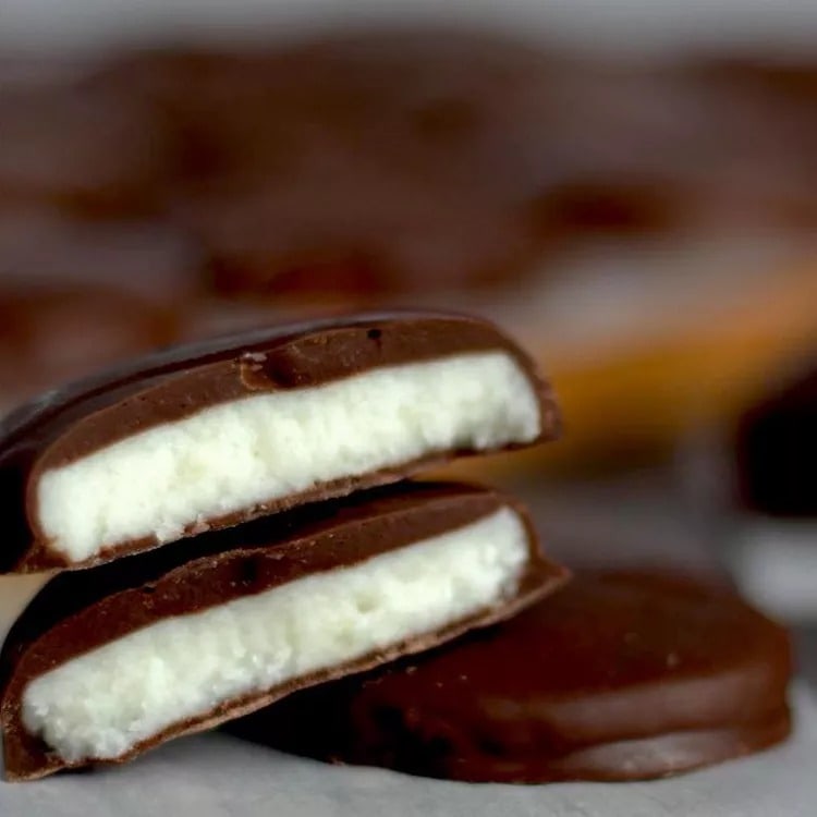 Chocolate covered peppermint patties with mashed potato fillings. 