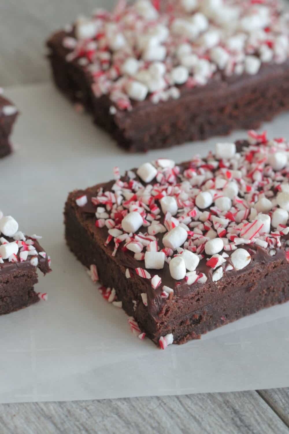 Chocolate brownie bars topped with crushed peppermint candies.
