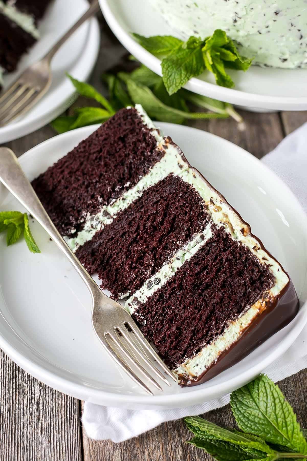 A slice of chocolate cake layered with mint frosting.