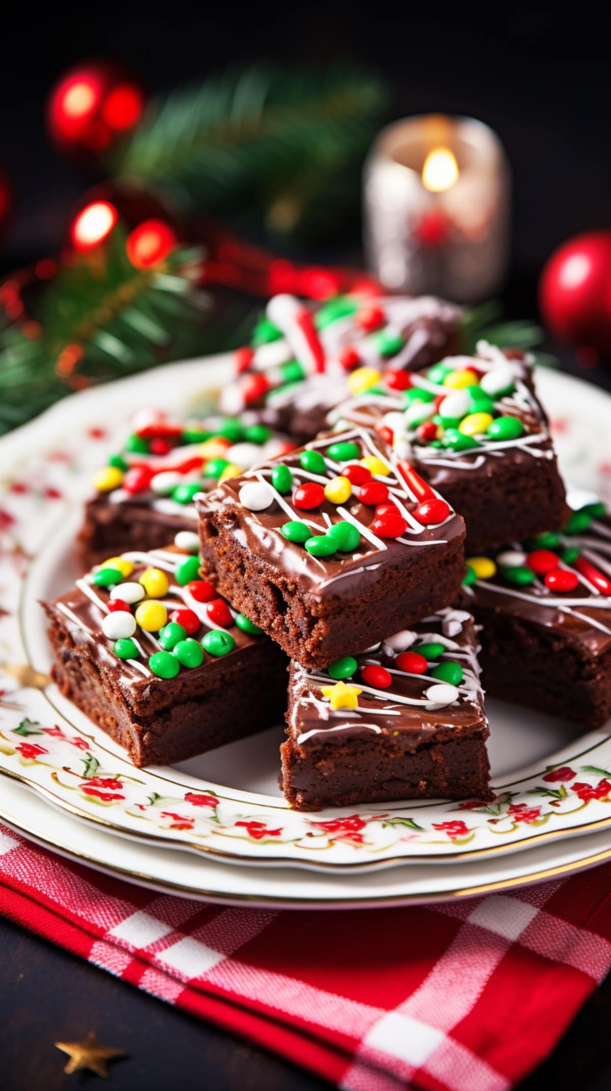 A pile of chocolate brownies topped with M&M candies and drizzled with white chocolate syrup served on a holiday table.