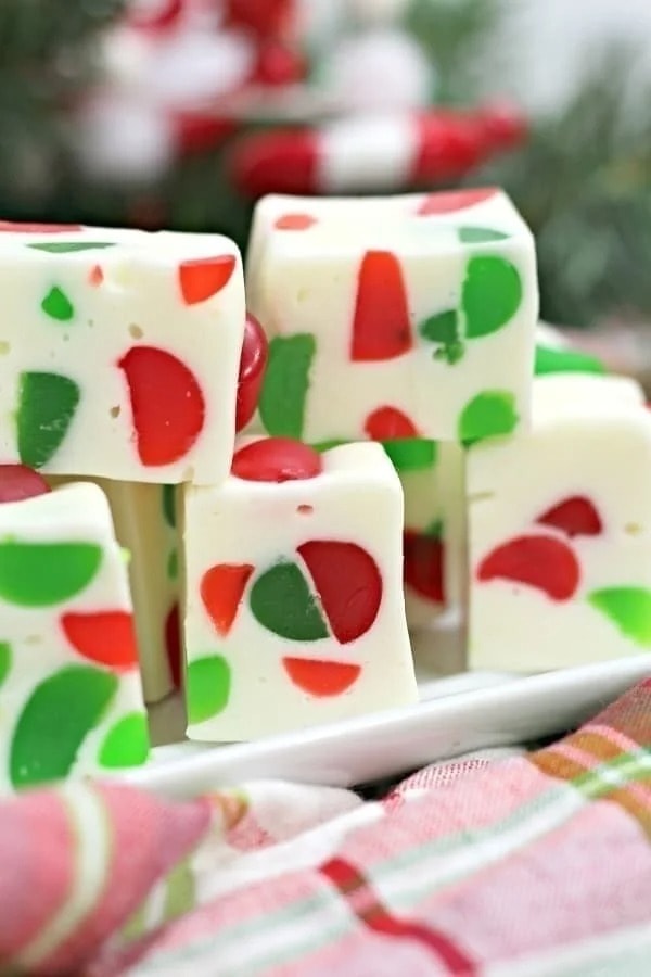 Nougat bars with red and green gumdrops. 