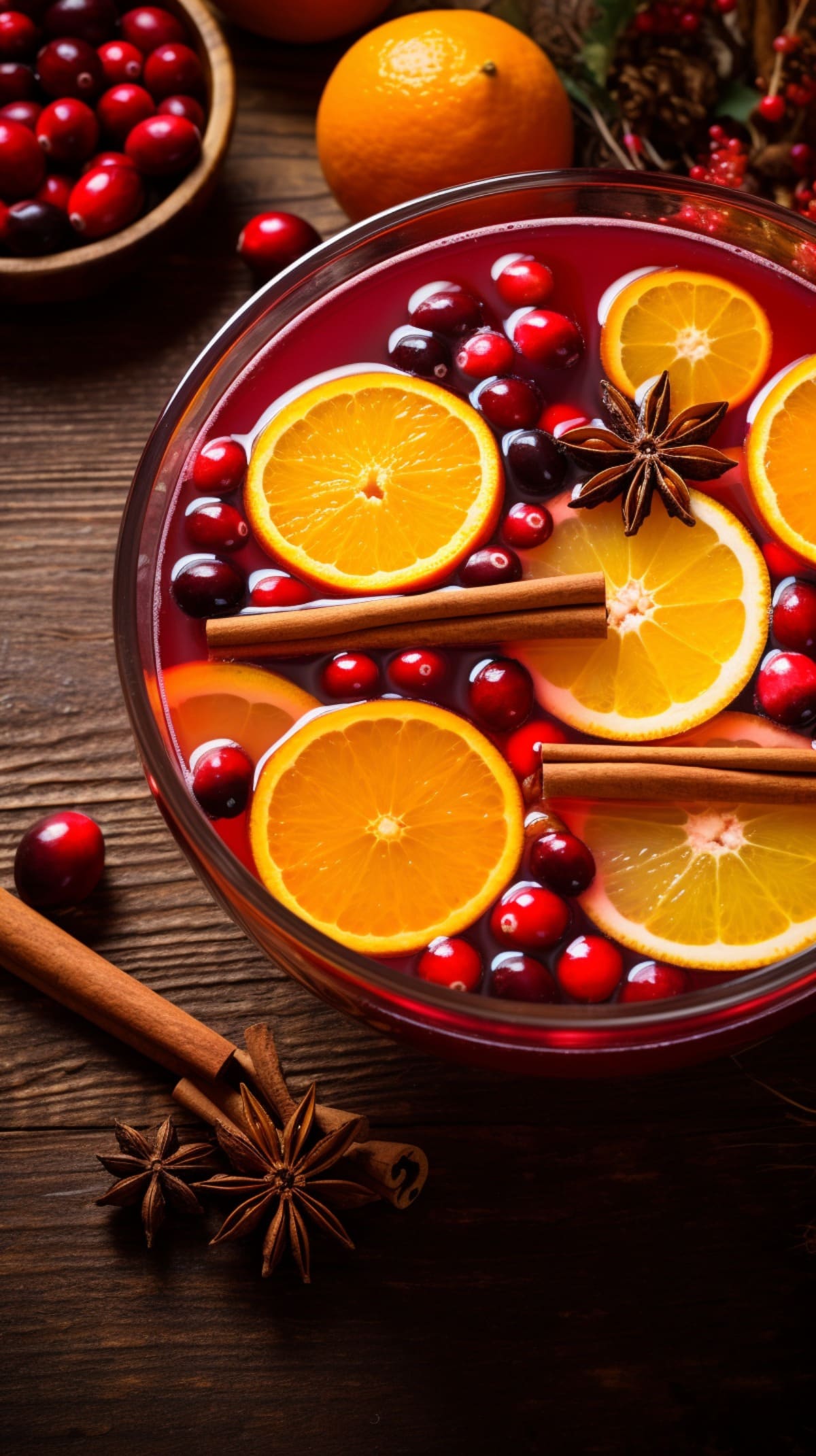 Big punch bowl filled with berries, star anise, cinnamon and orange slices.