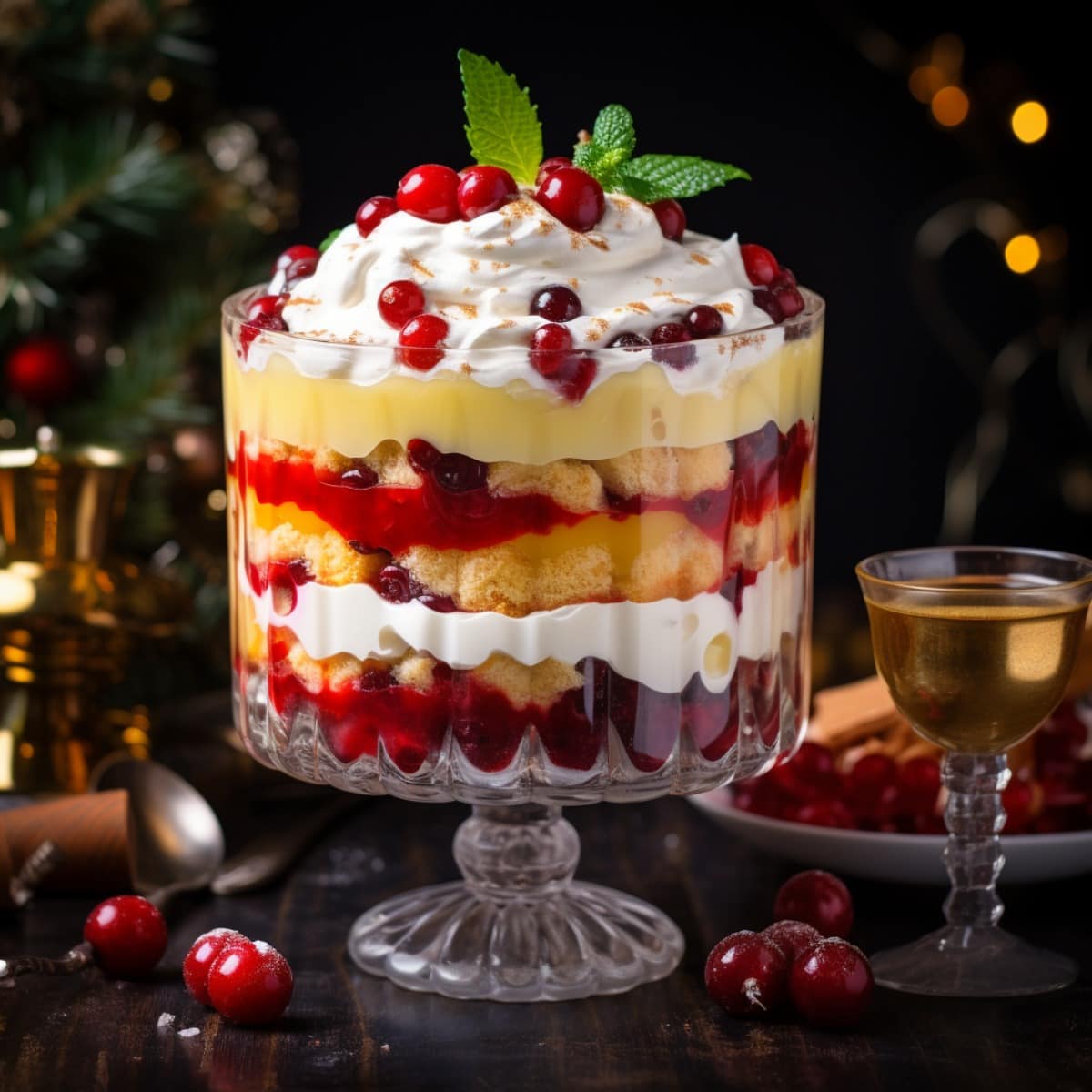 Festive layered trifle with cranberries, pudding and cream on a huge trifle bowl on a holiday table. 