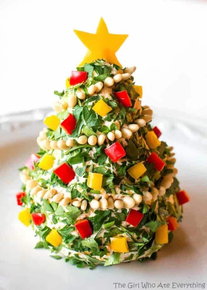 Cheeseball designed as Christmas tree.