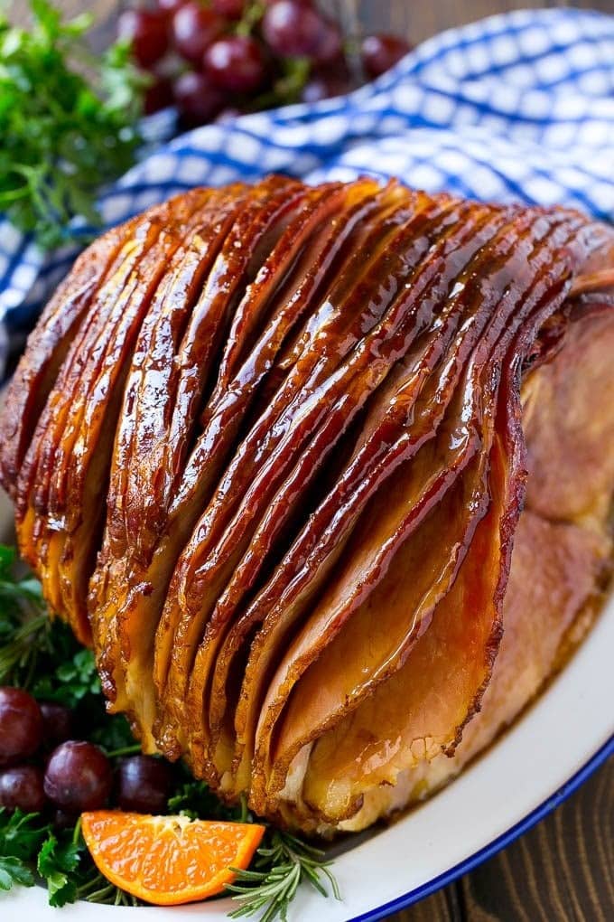 Thinly sliced whole glazed ham. 