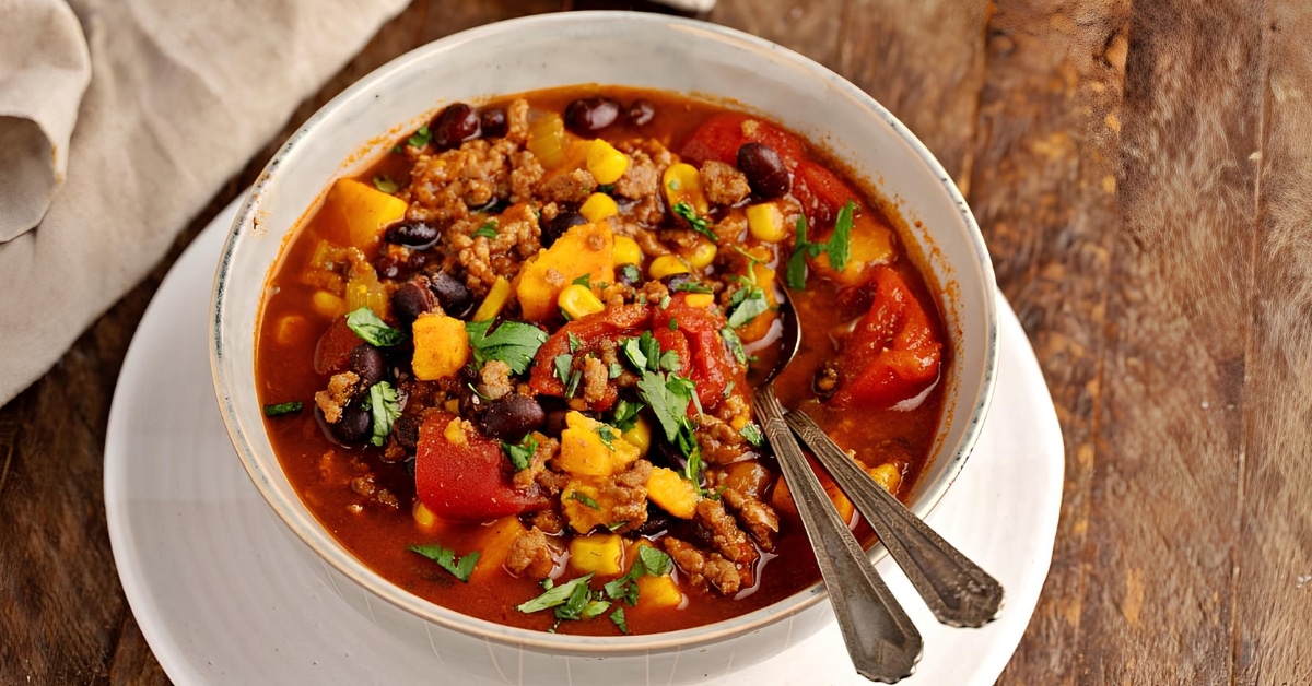 A Bowl of Sweet Potato Chili with Corns, Beans and Celery
